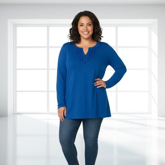 NINE WEST XXL Rayon V-Neck Tunic Top Blue Soft Subtle Fringe Detail Plus Size - Picture 1 of 10